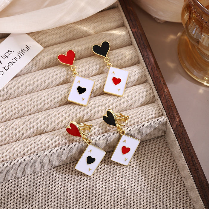Light Luxury Asymmetric Red Heart Black Spade Playing Card Enamel Alloy Drop Dangle Women Earrings
