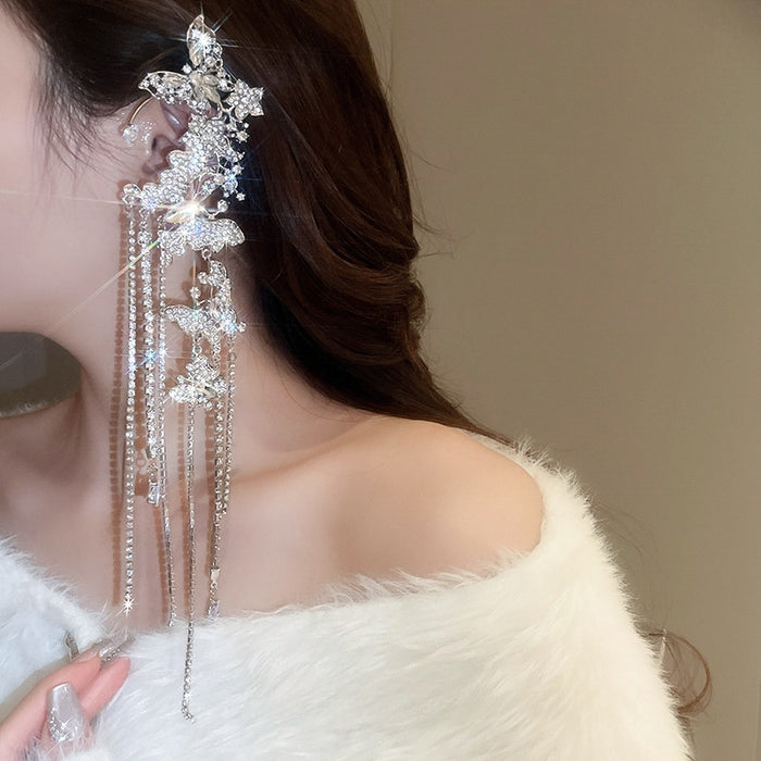 Light Luxury Alloy Butterfly Zircon Tassel Clip-on Earrings For Non-Pierced Ears