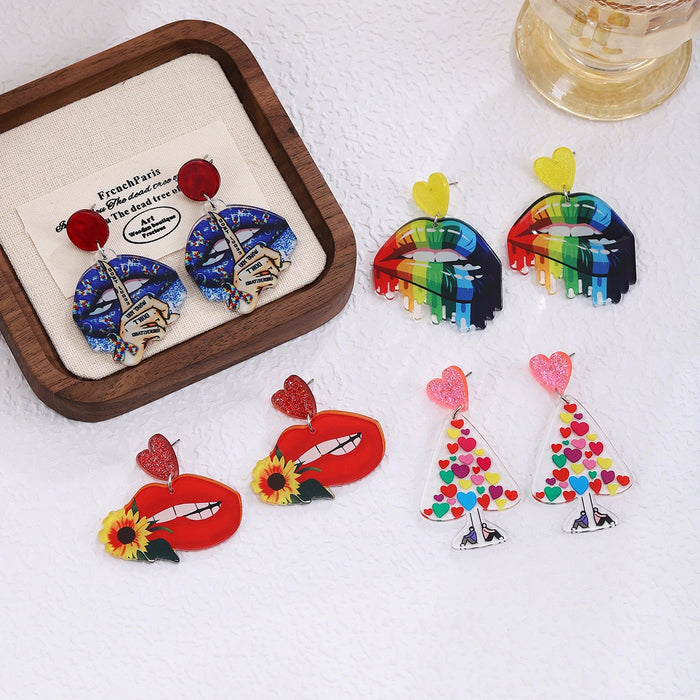 Creative Double-Sided Colorful Lips And Transparent Heart Acrylic Cartoon Drop Earrings