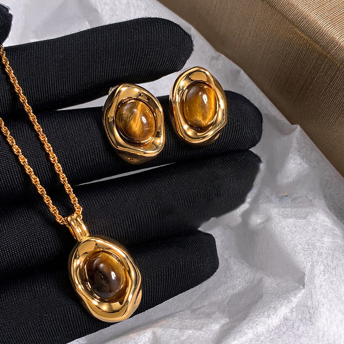 Gold Plated Copper Oval Tiger Eye Necklace And Earrings Jewelry Set For Women