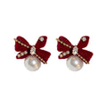 925 Sterling Silver Flocked Rhinestone Bow Pearl Stud Earrings Light Luxury Vintage For Autumn Winter view 5
