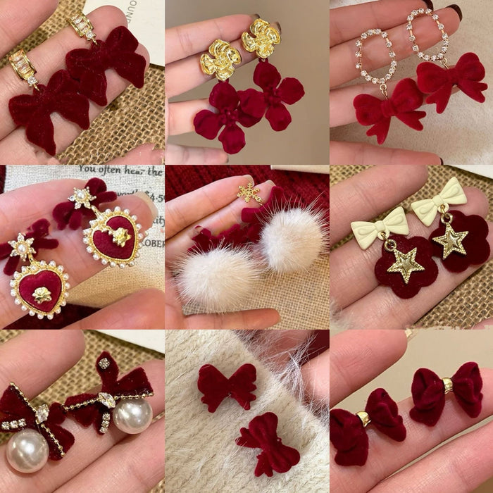 925 Sterling Silver Flocked Rhinestone Bow Pearl Stud Earrings Light Luxury Vintage For Autumn Winter