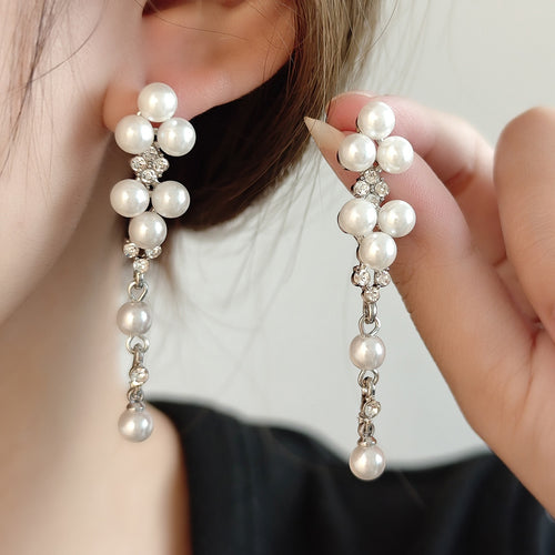 Elegant Luxury Vintage Alloy Rhinestone Flower Cluster Pearl Tassel Drop Stud Dangle Earrings