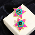 Vintage Palace Style Pink Enamel Five Point Star Alloy Studs With Emerald Crystal Luxury Earrings view 1