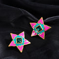 Vintage Palace Style Pink Enamel Five Point Star Alloy Studs With Emerald Crystal Luxury Earrings view 3