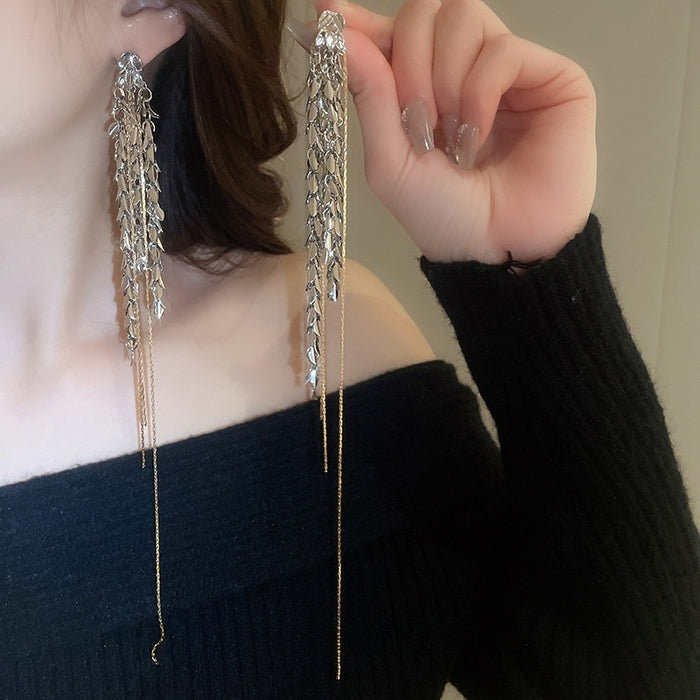 Light Luxury Metal Wheat Tassel Drop Earrings Geometric Silver Pin Statement Jewelry