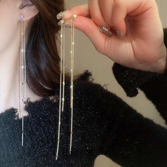 Copper Zircon Geometric Tassel Drop Earrings Light Luxury Long Stud Earrings For Women