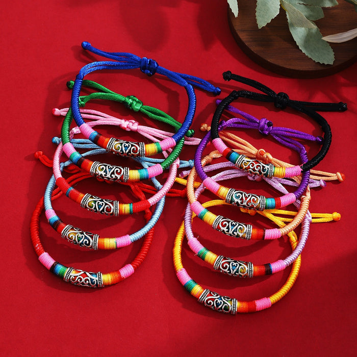 Ethnic Tibetan Textured Lu Lu Tong Braided Colorful Cord Adjustable Faux Miao Silver Bracelet