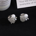 Elegant French Vintage Pearl Rose Flower Studs, Alloy Rhinestone Crystal Cluster Luxury Earrings view 1