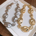 Metal Oval Necklace And Earrings Jewelry Set, European American Statement Luxury Clavicle Chain view 1