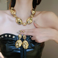 Metal Oval Necklace And Earrings Jewelry Set, European American Statement Luxury Clavicle Chain view 2