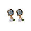 Alloy Silver Needle Enamel Rhinestone Ombre Flower Pearl Stud Earrings French Light Luxury view 5