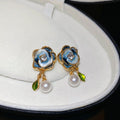 Alloy Silver Needle Enamel Rhinestone Ombre Flower Pearl Stud Earrings French Light Luxury view 2