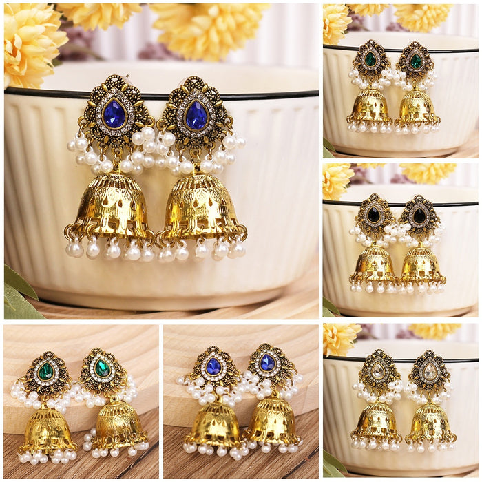 Vintage Rhinestone Bell Beaded Dangle Earrings, Heavy Bohemian Ethnic Statement Jewelry