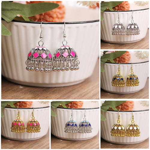 Vintage Bohemian Hollow Bell Tassel Alloy Enamel Jhumka Drop Dangle Luxury Ethnic Statement Earrings