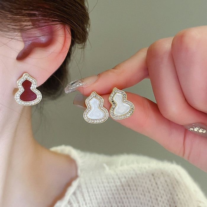 Copper New Chinese Gourd Zircon Stud Earrings With Enamel Drip Oil Geometric Light Luxury Style