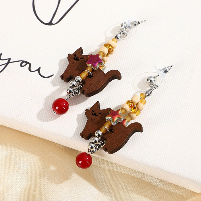 Vintage Japanese Cute Wooden Cat Walking Beaded Alloy Enamel Star Red Acrylic Drop Earrings