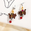 Vintage Japanese Cute Wooden Cat Walking Beaded Alloy Enamel Star Red Acrylic Drop Earrings view 2