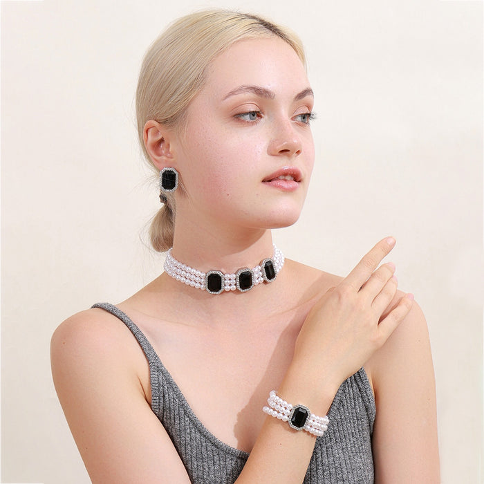 Elegant Black Rectangle Zircon Rhinestone Faux Pearl Cluster Stud Earrings For Women Wedding Earrings