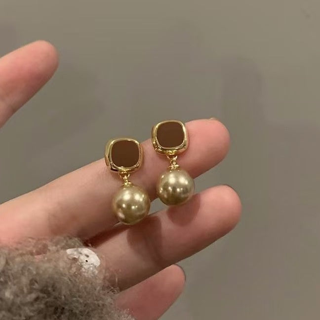 Light Luxury French Style Enamel Square Pearl Zircon Stud Earrings With Silver Posts