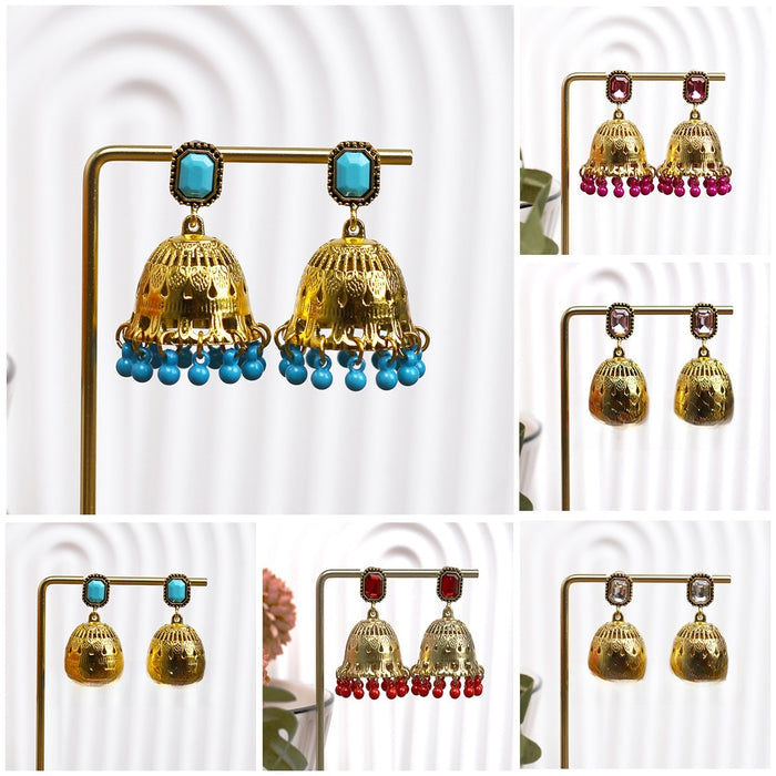 Vintage Ethnic Gold Alloy Hollow Bell Jhumka Drop Earrings With Rhinestone Studs And Beaded Tassel Earrings