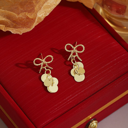 Elegant Alloy Bow Knot Studs With Shiny Sequin Disc Tassel Pendant For Women Fashion Earrings