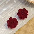Vintage Luxury Red Velvet Double Layer Flower Alloy Needle Statement Stud Floral Party Earrings view 2