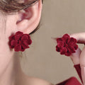 Vintage Luxury Red Velvet Double Layer Flower Alloy Needle Statement Stud Floral Party Earrings view 1