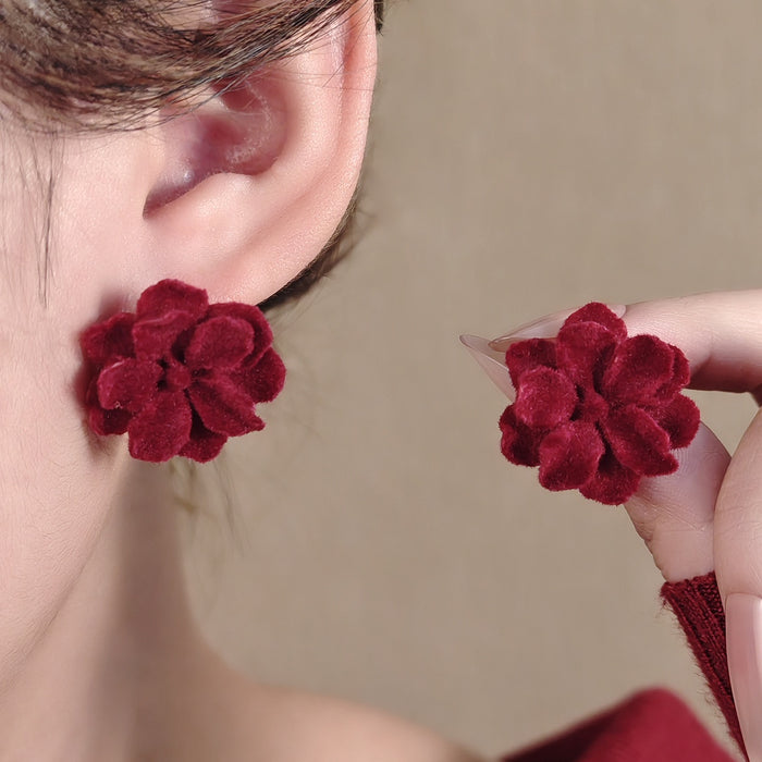 Vintage Luxury Red Velvet Double Layer Flower Alloy Needle Statement Stud Floral Party Earrings