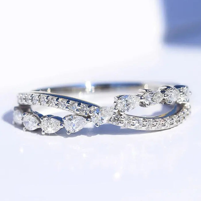 Electroplated Metal Zircon Ring For Women, Crossed Teardrop Design Sweet Fashion Jewelry