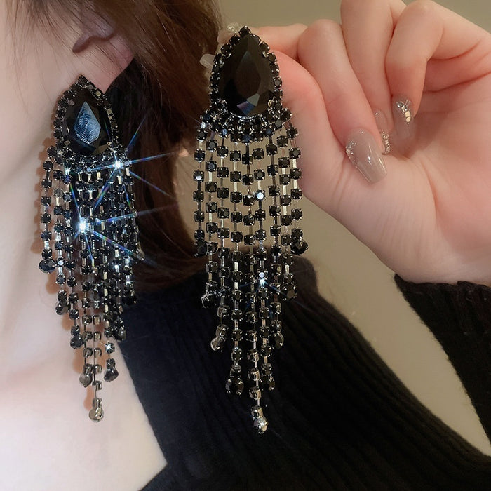 Chic Copper Teardrop Rhinestone Tassel Drop Earrings With Silver Pins For Women