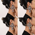 Vintage Bohemian Alloy Rhinestone Teardrop Tassel Hollow Chandbali Jhumka Chain Dangle Earrings view 1