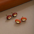 Vintage Luxury Red Orange Oval Enamel Bean Studs With Gold Tone Alloy Center Women Fashion Earrings view 1