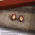 Vintage Luxury Red Orange Oval Enamel Bean Studs With Gold Tone Alloy Center Women Fashion Earrings view 3