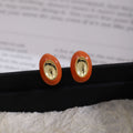 Vintage Luxury Red Orange Oval Enamel Bean Studs With Gold Tone Alloy Center Women Fashion Earrings view 2