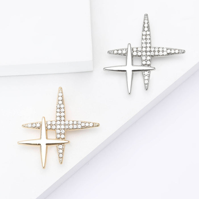 Elegant Alloy Rhinestone Double Cross Star Brooch For Women's Suits