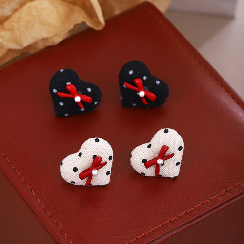 Korean Sweet Polka Dot Fabric Heart Bow Pearl Stud Earrings For Women Light Luxury Elegant Earrings