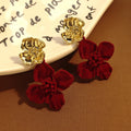 Vintage French Red Flocked Velvet Flower Drop Studs With Gold Alloy Petal Accent Elegant Luxury Earrings view 2