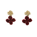 Vintage French Red Flocked Velvet Flower Drop Studs With Gold Alloy Petal Accent Elegant Luxury Earrings view 5