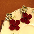 Vintage French Red Flocked Velvet Flower Drop Studs With Gold Alloy Petal Accent Elegant Luxury Earrings view 3