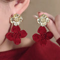 Vintage French Red Flocked Velvet Flower Drop Studs With Gold Alloy Petal Accent Elegant Luxury Earrings view 1
