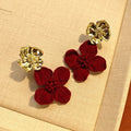 Vintage French Red Flocked Velvet Flower Drop Studs With Gold Alloy Petal Accent Elegant Luxury Earrings view 4