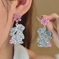 Cute Glitter Acrylic Bunny Rabbit Drop Earrings With Pink Flower Rhinestone Charm Luxury Fashion Earrings view 1