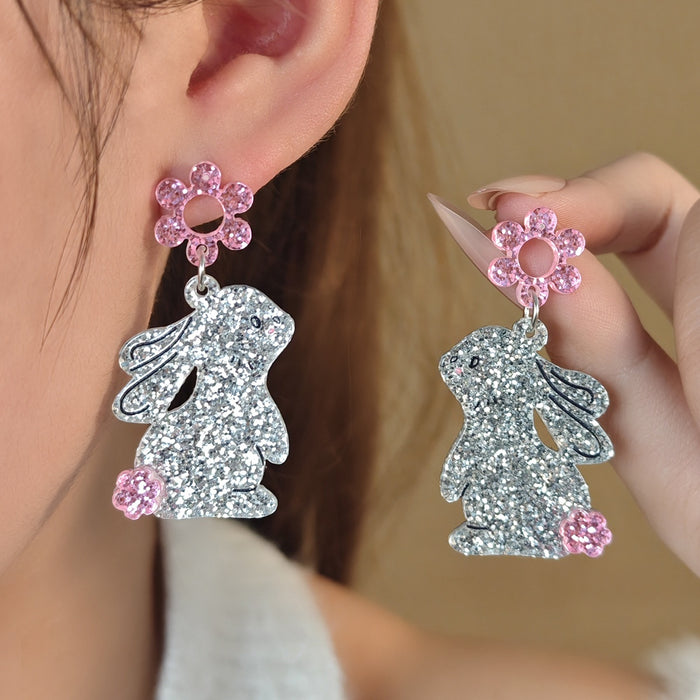 Cute Glitter Acrylic Bunny Rabbit Drop Earrings With Pink Flower Rhinestone Charm Luxury Fashion Earrings