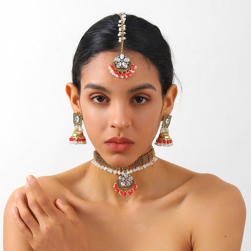 Elegant Vintage Palace Pearl Tassel Rhinestone Flower Drop Jhumka Choker Bridal Jewelry Set Earrings