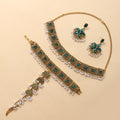 Vintage Bohemian Green Crystal Flower Pearl Tassel Alloy Statement Jewelry Set for Women Earrings view 5