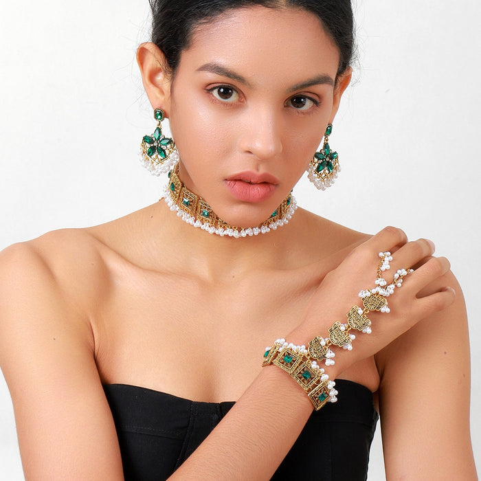 Vintage Bohemian Green Crystal Flower Pearl Tassel Alloy Statement Jewelry Set for Women Earrings