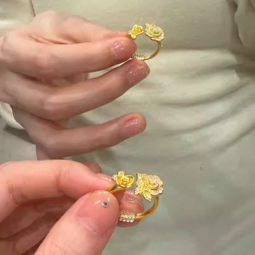 Gold Plated Vintage Zircon Flower Open Ring For Women