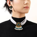Vintage Bohemian Ethnic Red Crystal Round Alloy Pearl Beaded Tassel Statement Drop Earrings view 3