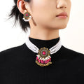 Vintage Bohemian Ethnic Red Crystal Round Alloy Pearl Beaded Tassel Statement Drop Earrings view 4